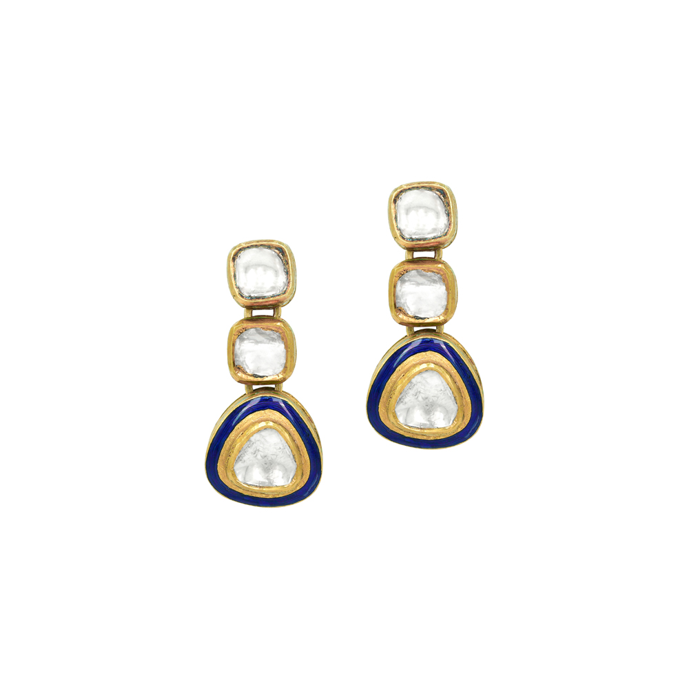 Triangle Polki Earrings with Blue Enamel